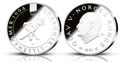 OL-sølvmynt nr. 2 Skøyteløpere - 100 kroner sølv - utgitt 1991 OL-sølvmynt nr. 2 Skøyteløpere - 100 kroner sølv - utgitt 1991